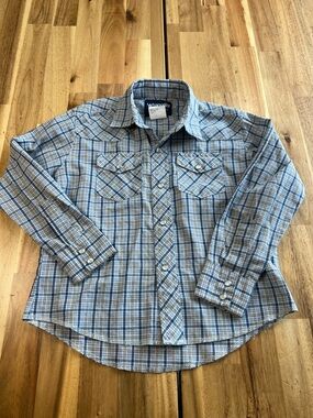 Wrangler Western Snap Shirt Plaid Blue Tan Kids Size 5-6 S Cowboy Button Down